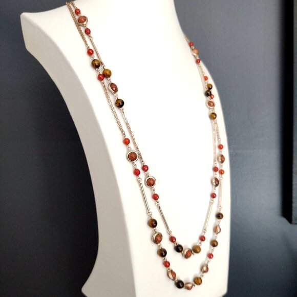 Long tiger's eye, orange glass and rust sparkle beaded 2 strand necklace - Picture 3 of 15